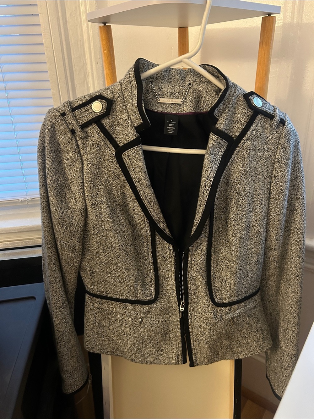 White House Black Market Grey Tweed Zip-Front Military Blazer